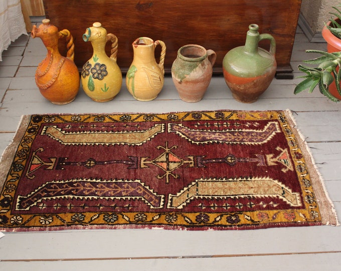 1'8"x 3'5" Vintage Anatolian Turkish Purple Small Wool Rug,Ethnic,Tribal Handwoven Small Rug