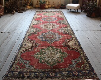 4'0"x12'2" ft Vintage Red Medallion Rug Runner, Distressed Low Piled Red-Blue Hallway Carpet
