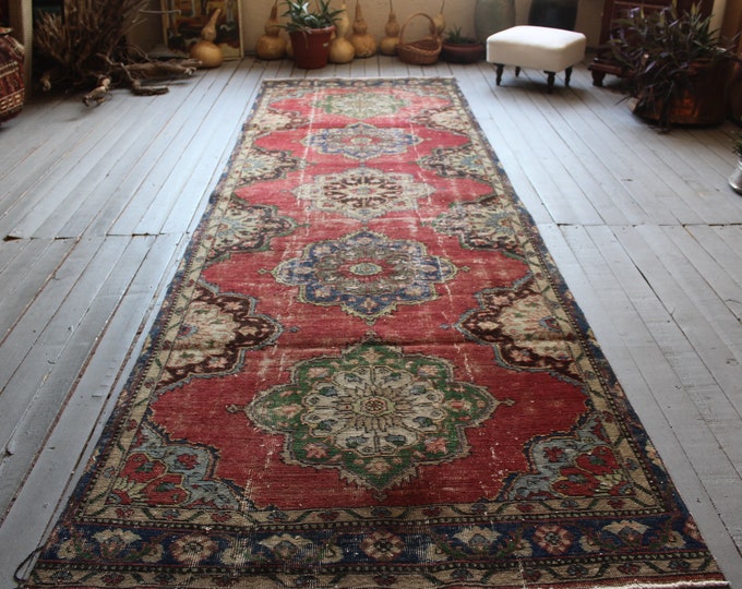 4'0"x12'2" ft Vintage Red Medallion Rug Runner, Distressed Low Piled Red-Blue Hallway Carpet