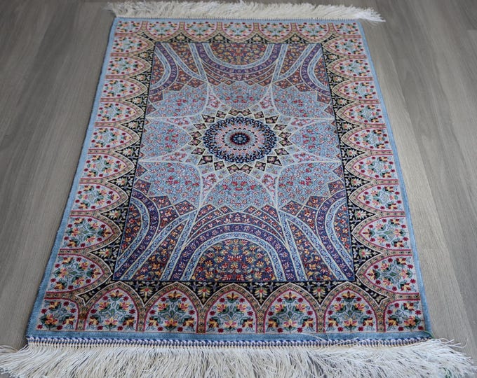 Ice Blue Silk Rug , Oriental Silk Rug, Small Silk Rug / B-2005 / 24x36 inches