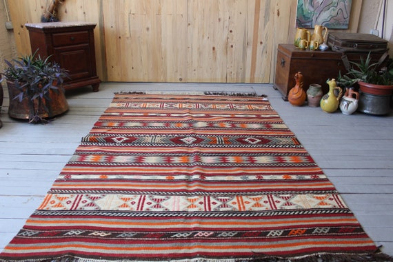 5'4"x7'4" ft Vintage Handwoven Wool Kilim , Ethnic Bohemian Kilim Rug, Turkish Area Kilim Rug