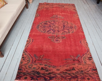 3'8"x 8'3" Vintage Red Area Rug ,Bohemian Handwoven Wool Red Wide Rug Runner