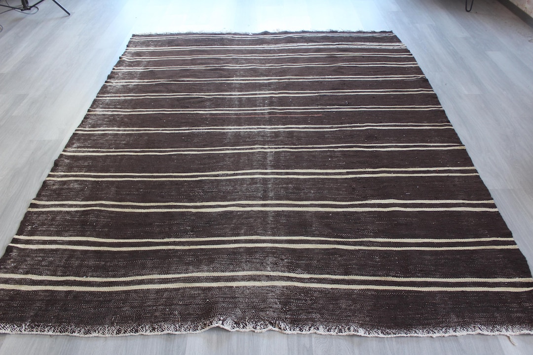 Brown Rug Ripped Striped Rug, Dark Brown Flat Rug, Bohemian Style Wool Rug / N-1961 / 6 ...