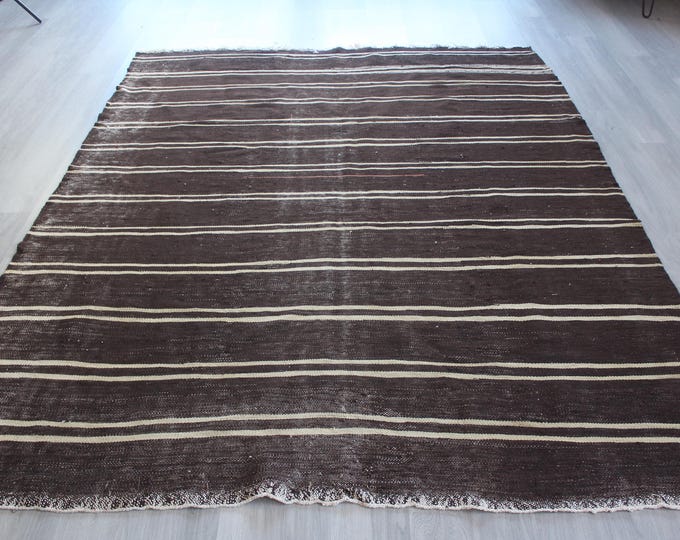 Striped Rug, Dark Brown Flat Rug, Bohemian Style Wool Rug / N-1961 / 6'4''x8'7''