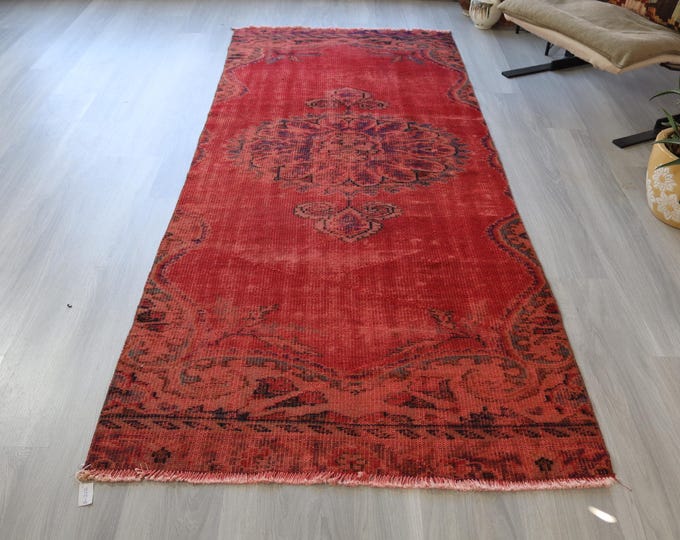 3'8"x 8'3" Vintage Red Area Rug ,Bohemian Handwoven Wool Red Wide Rug Runner