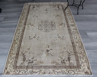 3'7"x6'4" ft   Vintage Rug, Vintage Oushak Rug, Beige Oushak Rug, Beige Area Rug, Vintage Turkish Rug, Anatolian Rug, Low Piled  Beige Rug
