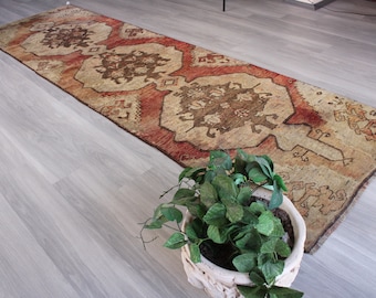 Vintage Rug Runner, Anatolian Beige Runner, Soft Wool Rug Runner, Golden Beige Rug Runner, Turkish Rug  Runner / B-112 / 3'4"x12' feet
