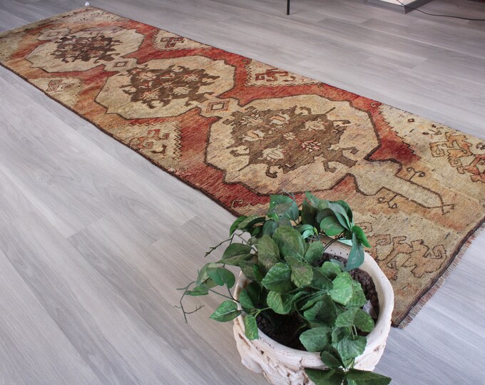 Vintage Rug Runner, Anatolian Beige Runner, Soft Wool Rug Runner, Golden Beige Rug Runner, Turkish Rug  Runner / B-112 / 3'4"x12' feet