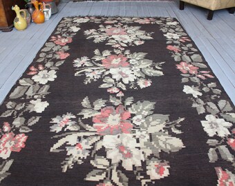 5'4"x10'1" feet Vintage Karabagh kilim rug, Ethnic Floral  Kilim,Bohemian Rose Kilim,Decorative Kilim  Rug
