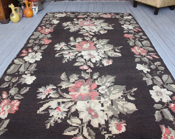 5'4"x10'1" feet Vintage Karabagh kilim rug, Ethnic Floral  Kilim,Bohemian Rose Kilim,Decorative Kilim Rug