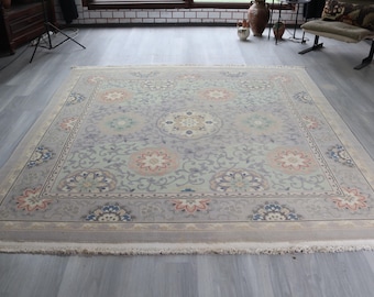 Pale Floral  Rug,  7'8" x 8' ft   Lavender  Rug, Floral Modern Rug, Scandinavian Style Rug /  B-813