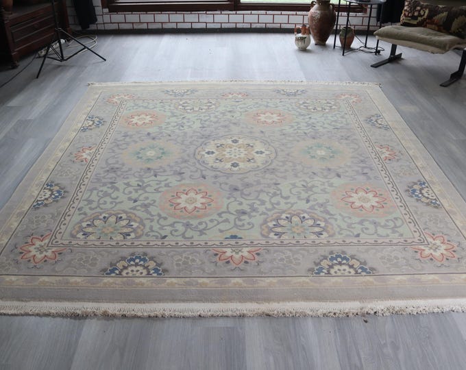 Pale Floral  Rug,  7'8" x 8' ft   Lavender  Rug, Floral Modern Rug, Scandinavian Style Rug / B-813