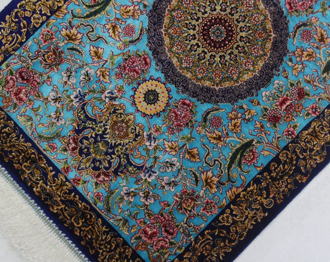 Blue Silk Rug, Small Oriental Silk Rug, Decorative Silk Tapestry / B-1795- 1790  / 2'x3'