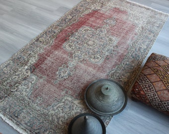 3'8"x7' ft  Vintage Oushak Rug, Vintage Anatolian Rug, Traditional Turkish Rug, Vintage Red-Beige Area Rug