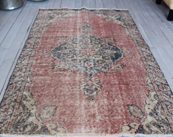 3'6"x6'2" ft Vintage Area Rug,Handwoven Distressed Red Area Rug , Low Piled Red -Blue Vintage Oushak Rug