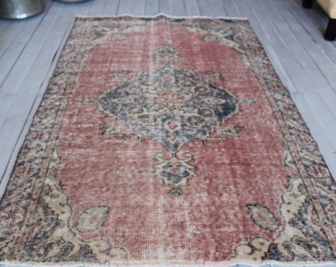 3'6"x6'2" ft Vintage Area Rug,Handwoven Distressed Red Area Rug , Low Piled Red -Blue Vintage Oushak Rug