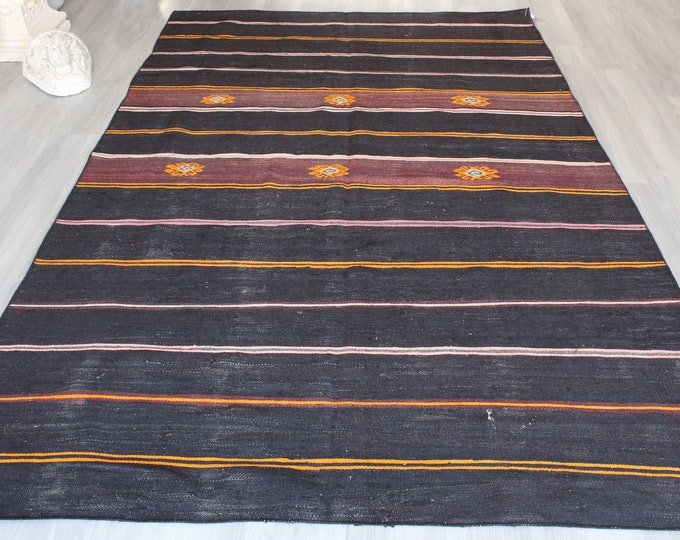 Black Striped Kilim Rug, Ethnic Black Rug, Bohemian Kilim Rug , Vintage Kilim Rug / B-1741 / 6'2"x9'6"