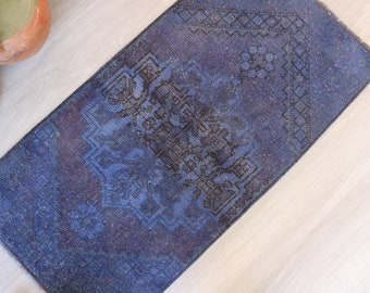 Blue Rug Door Mat , Ethnic Handwoven Blue Door Mat, Over Dyed Blue Door Mat , Vintage Rug Door Mat / B-1661 /  1'5"x3'1"