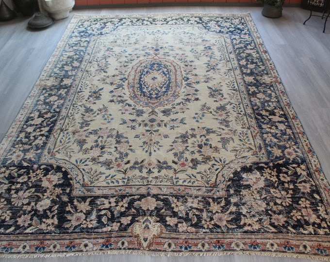 Vintage  Oushak Rug, Beige-Blue Area Rug, Large Area Rug, Large Vintage Rug, Large