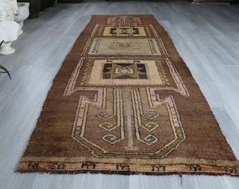 3'4"x11'   Vintage Brown Runner , Piled  Natural Wool Runner  / B-456