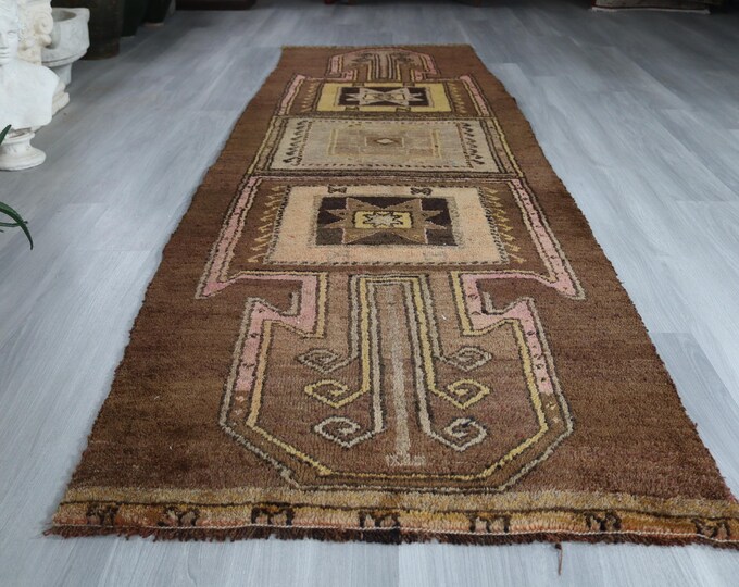 3'4"x11'   Vintage Brown Runner , Piled  Natural Wool Runner  / B-456