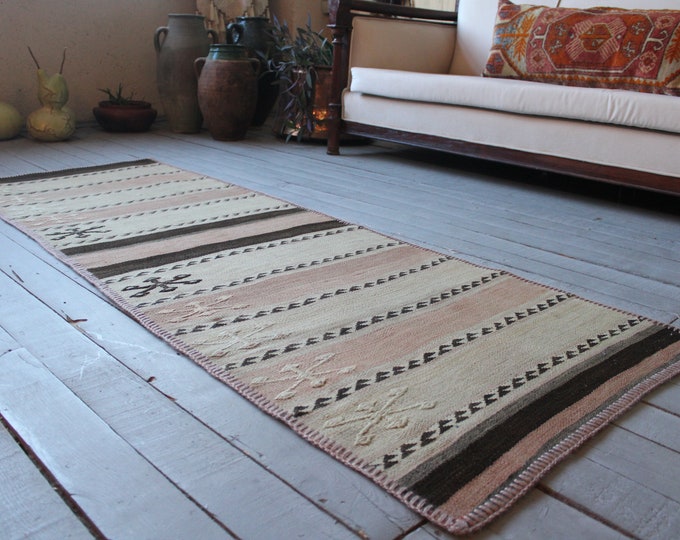 2'3"x6'7" Vintage Beige Kilim Rug Runner, Ethnic Bohemian Turkish Handwoven Wool Kilim R unner