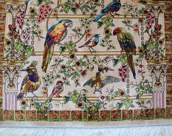Botanical Silk Rug, Beige Silk Rug, 3'3''x5' Birds on Rug