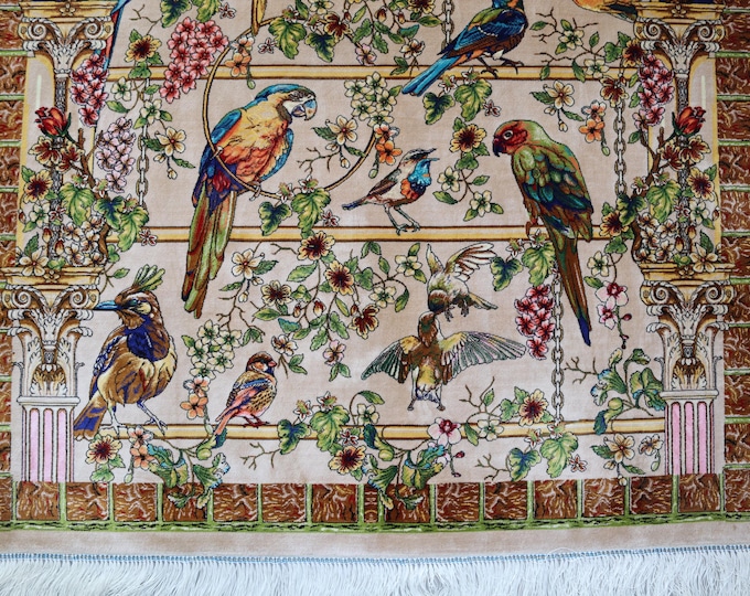 Botanical Silk Rug, Beige Silk Rug, 3'3''x5' Birds on Rug