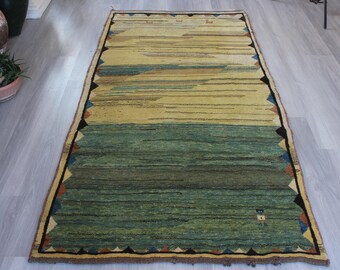 Green-Yellow Rug, Vintage Gabbe Rug, Scandinavian Style Handwoven Wool Rug / B-1857 / 3'7''x7'5''