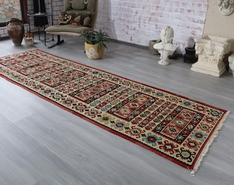 Vintage Sarkoy Kilim Runner 3'2"x 10'1" Handwoven  Bohemian  Kilim Runner / K-237