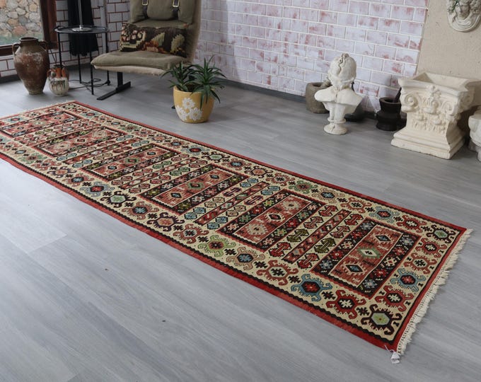 Vintage Sarkoy Kilim Runner 3'2"x 10'1" Handwoven  Bohemian  Kilim Runner / K-237