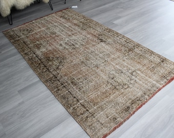 4'2"x7'4" ft  Vintage Rug, Distressed Area Rug, Vintage Oushak Rug, Ethnic Area Rug, Low Piled Anatolian Rug