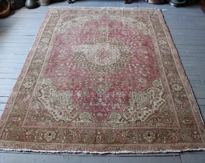 6'8"x9'2"ft  Vintage OUSHAK Rug, Pink Large Area Rug, Vintage Turkish Area Rug, Traditional Design Oushak Rug