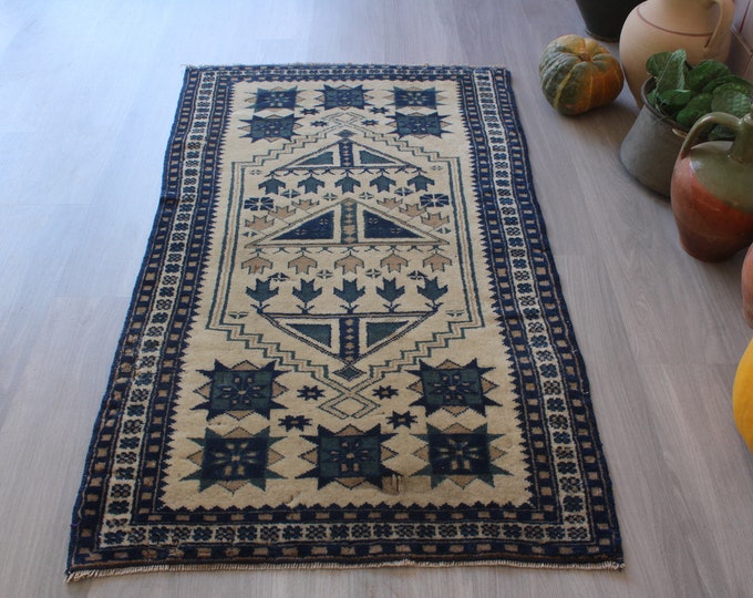 Small Ethnic Rug, Beige-Blue Turkish Rug, Small Vintage Rug, Handwoven Blue Rug, Bohemian Rug , Decorative Turkish Rug / B-1555 / 2'6"x4'3"