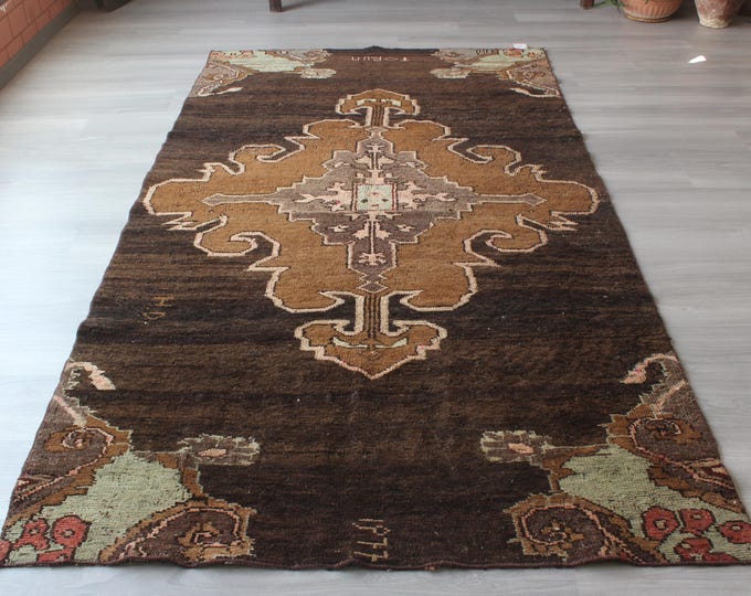 Brown Wool Rug, 4'4''x8'2'' Brown  Medallion Rug, Piled Wool Rug , Handwoven Anatolian Rug  / B-1834