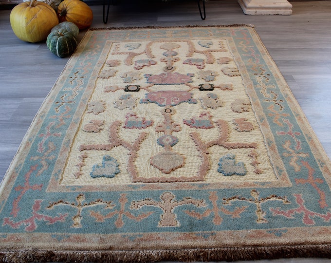 Vintage rug, vintage Oushak rug, beige-blue rug, small vintage rug, beige vintage rug, beige oushak  rug / B-1314