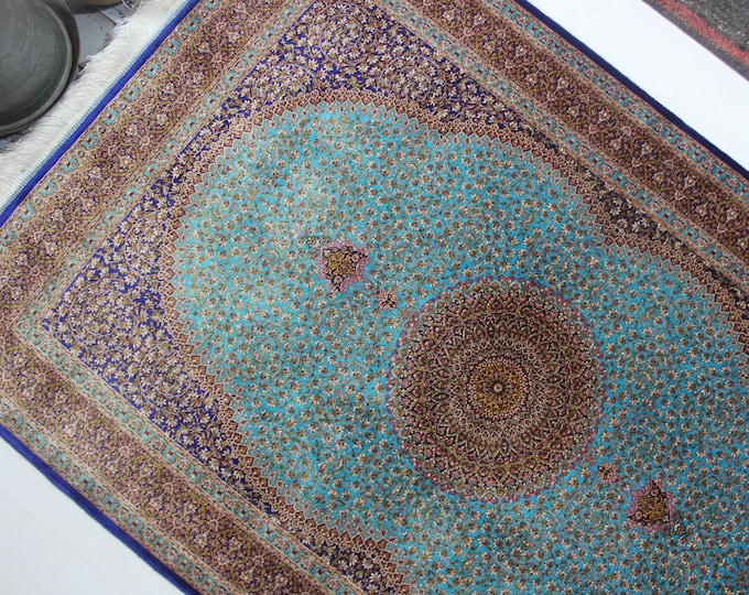 Silk Rug, 3'3''x5' Blue Medallion Silk Rug, Traditional Design Silk Rug / B-1806