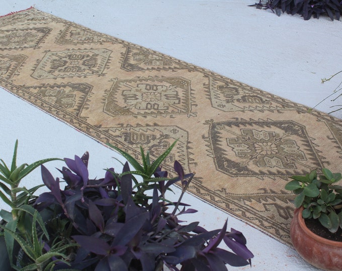 3'2"x8' ft  Vintage Oushak Rug Runner, Ethnic Rug Runner, Bohemian Rug Runner, Distressed Rug Runner, Low Piled Rug Runner, Wide Rug Runner