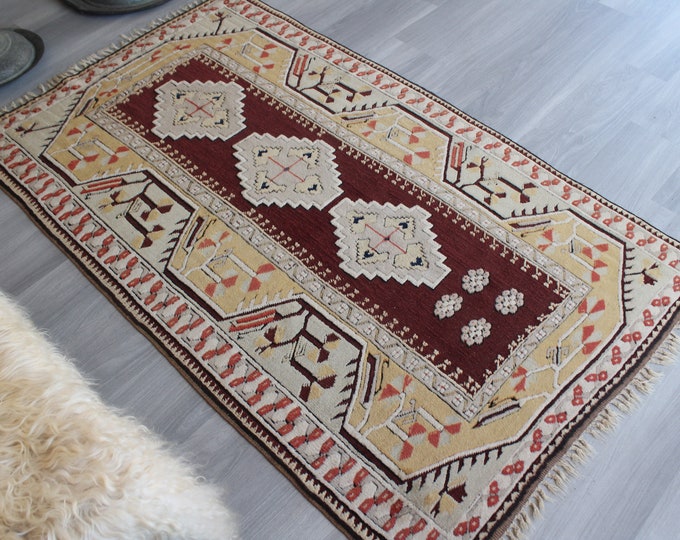 3'7"x5'9"  ft  Vintage Rug, Vintage MILAS  Rug, Ethnic Turkish Rug, Vintage Anatolian Rug, Beige-Brown Area Rug, Ethnic Beige Rug