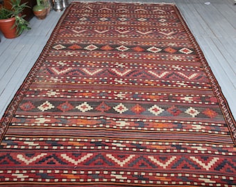 Vintage Kilim , Vintage Turkoman Kilim Rug, Ethnic Red Kilim Rug, Tribal Kilim Rug / K-83 / 5'8"x11'5" ft