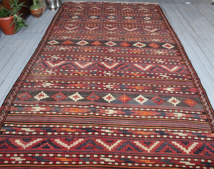 Vintage Kilim , Vintage Turkoman Kilim Rug, Ethnic Red Kilim Rug, Tribal Kilim Rug / K-83 / 5'8"x11'5" ft