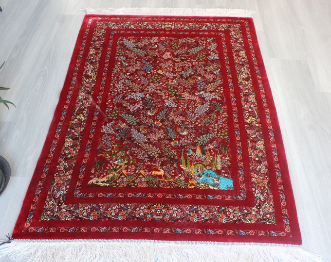 3'x5' Silk Rug, Red Oriental Silk Rug , Nature Designed Silk Rug / B-1775 / 3'3"x4'9"