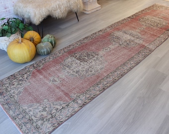 RUNNER, 3'x12'4" feet , Vintage  Rug Runner , Ethnic Rug Runner, Anatolian Rug Runner, Turkish Runner, Mute Coloured Runner / B-1319