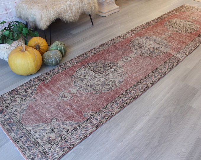 RUNNER, 3'x12'4" feet , Vintage  Rug Runner , Ethnic Rug Runner, Anatolian Rug Runner, Turkish Runner, Mute Coloured Runner / B-1319