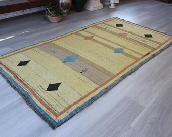 Pale Yellow  Gabbe Rug, Bohemian  Rug , Modern Design Piled Rug / B-1856 / 4'3''x8'
