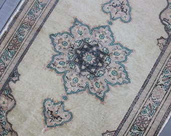3'7"x 5'9" Vintage Distressed Anatolian Rug, Turkish Oushak Rug, Vintage Beige Rug