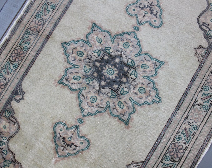 3'7"x 5'9" Vintage Distressed Anatolian Rug, Turkish Oushak Rug, Vintage Beige Rug