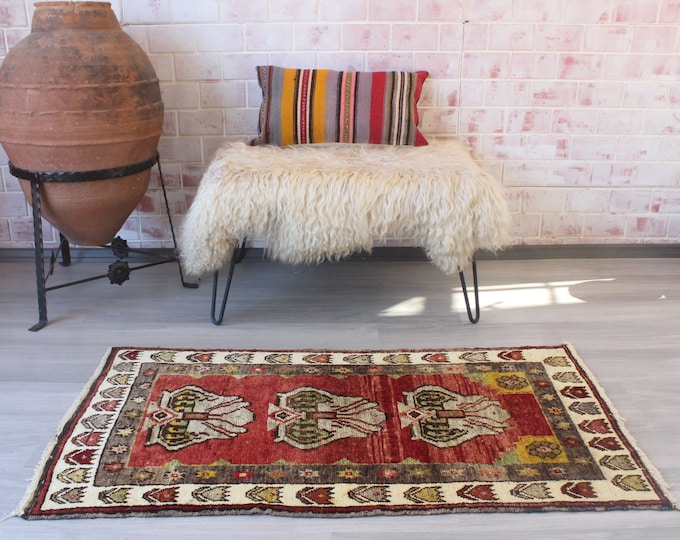 Small Vintage Rug, Handwoven Anatolian Rug, Small Entry Rug , Dowry Rug from 1960s / B-1693 / 2'4''x4'4''