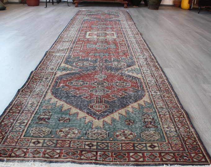 3'x12' , Vintage Rug Runner, Oushak Medallion Rug Runner, 3'2"x12'6" Vintage Runner, Low Piled  Rug Runner, Ethnic Wool Rug Runner / B-75