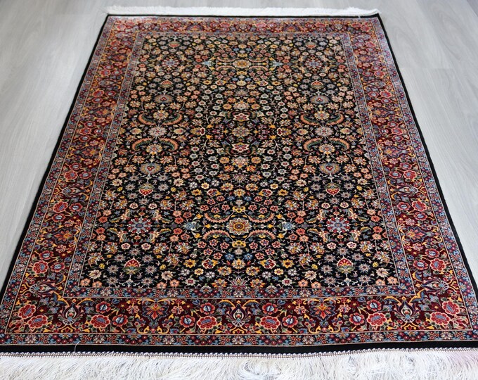 Dark Blue Floral Rug , Small Floral Silk Rug, Blue Silk Rug / B-2027 / 3'2''x5'
